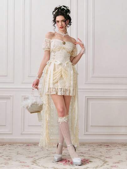 EDITION Vestido de mujer estilo palacio vintage, con estilo romántico para temporada de boda, con hombros descubiertos, encaje jacquard y parches, con bajo asimétrico