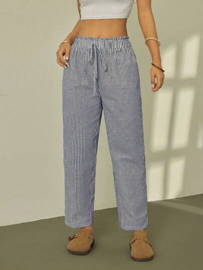 SHEIN PETITE 条纹荷叶边腰直筒九分裤，休闲度假波西米亚风长裤