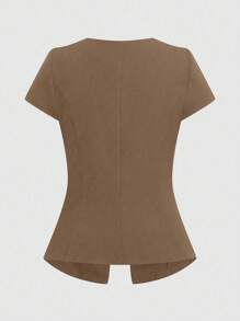 Sweetra Plus Size Button Pocket Flap Collar Short Sleeve Shirt - Coffee Brown - View 2