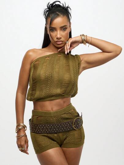 SUMWON WOMEN Crochet One Shoulder Knit Crop Top Summer Festival Boho Beach Bohemian Resort Wear Distressed Cutout Pattern Fashion Knitwear