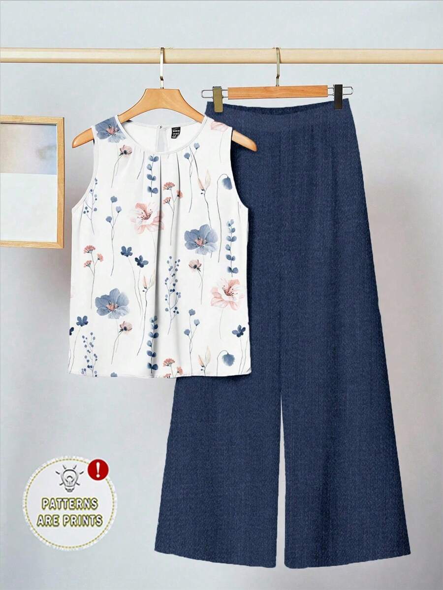 SHEIN Clasi 2 件套女士休闲花卉印花套装适合夏季，复古花卉，适合日常穿着 - 彩色 - 查看 1