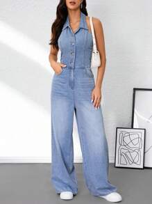 SHEIN Tall Macacão jeans básico feminino, moderno, sem costas, com botões, para volta às aulas, casual e modesto, para negócios, feminino - Azul - Ver 4
