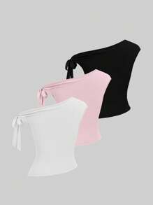 Sweetra 3件套女士休闲纯色斜肩舒适T恤套装 - 彩色 - 查看 2