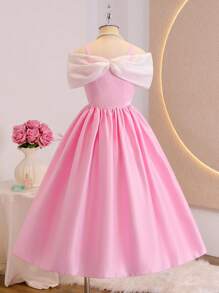 Glamorique Kids French Retro Spaghetti Strap Bowknot Diamond Waist Flare Summer New Satin Formal Dress Girls Dress