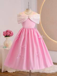 Glamorique Kids French Retro Spaghetti Strap Bowknot Diamond Waist Flare Summer New Satin Formal Dress Girls Dress