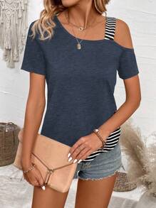 EMERY ROSE Patchwork Striped Asymmetrical Collar Casual T-Shirt Graphic Tees Women Tops