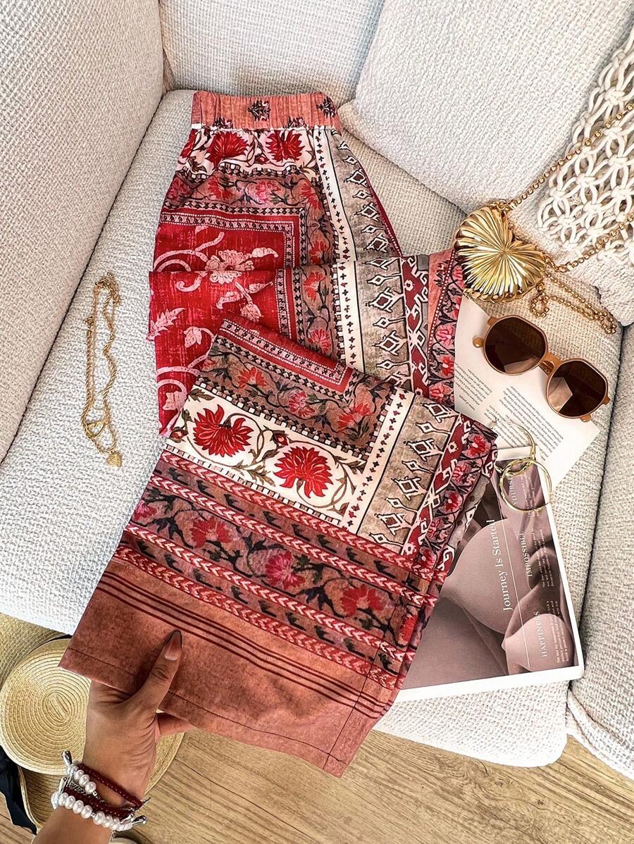 波西米亚印花高腰宽松休闲裤，适合春夏季、户外、度假 - 彩色 - 查看 1