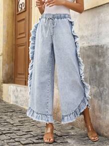 EMERY ROSE Jeans a zampa d'elefante con lavaggio effetto delavato, orlo con volant, pantaloni casual adatti per le vacanze