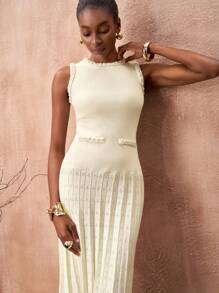 Zivah 纯色褶皱镂空修身优雅无袖针织连衣裙 - 杏色 - 查看 4