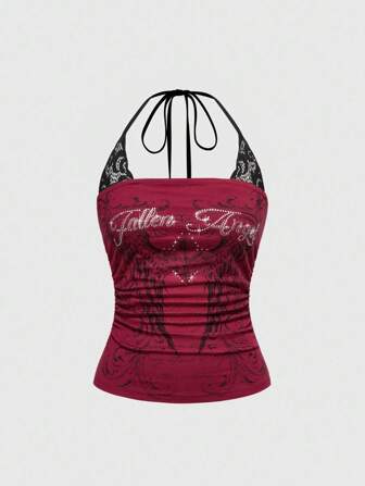 J-Fashion Top de cami halter de algodón con contraste de encaje y estampado de calavera punk, estilo pop-star de festival de música Y2K para conciertos