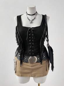 Sunspun Plus Size Festival, Boho, Hippie, Cowgirl, Old Money Style Suede Fringed Sleeveless Square Neck Tank Top Boho