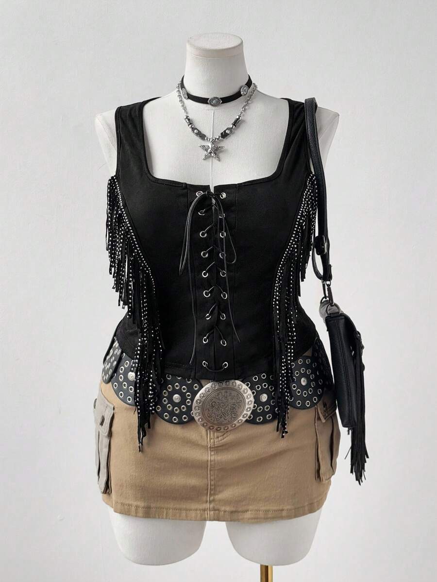 Sunspun Plus Size Festival, Boho, Hippie, Cowgirl, Old Money Style Suede Fringed Sleeveless Square Neck Tank Top Boho