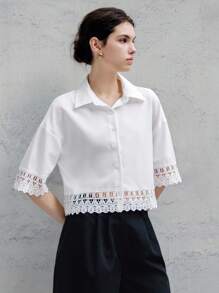 Chiquease Women's White Ruffled Collar Decor Short Sleeve Blouse - White - View 4