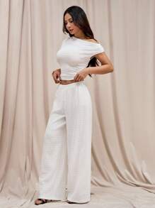 SHEIN PETITE 2pcs Women Set: Oblique Shoulder T-Shirt & Casual Pants - White - View 8