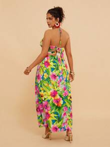 Travachic 大码波西米亚热带印花露背 V 领挂脖开叉连衣裙，度假装