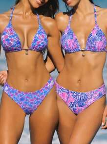 Swim Mod Bộ đồ bơi bikini thắt nút cổ cao họa tiết hoa + vỏ sò nhiều màu & sao biển mới cho nữ, kỳ nghỉ ở bãi biển - Nhiều màu - Xem 1