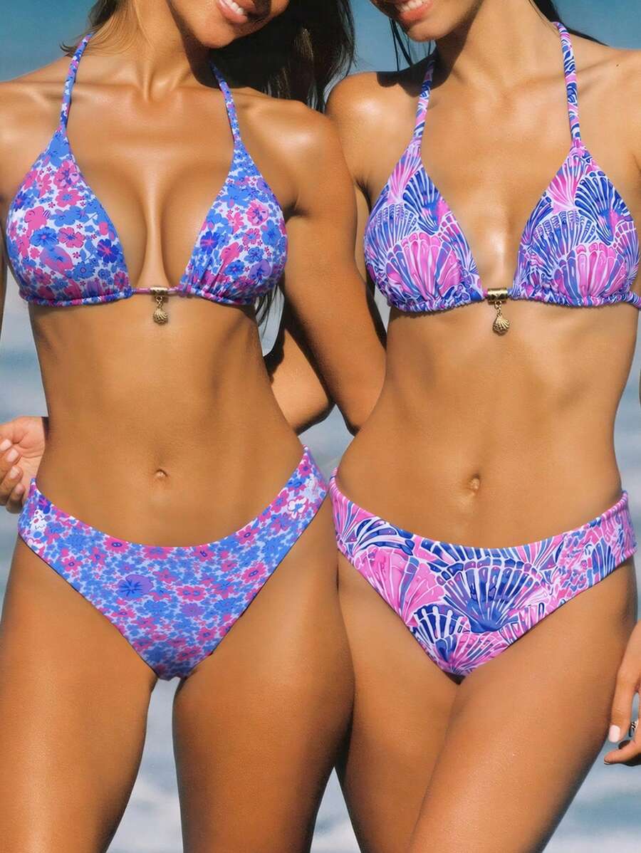 Swim Mod Bộ đồ bơi bikini thắt nút cổ cao họa tiết hoa + vỏ sò nhiều màu & sao biển mới cho nữ, kỳ nghỉ ở bãi biển - Nhiều màu - Xem 1