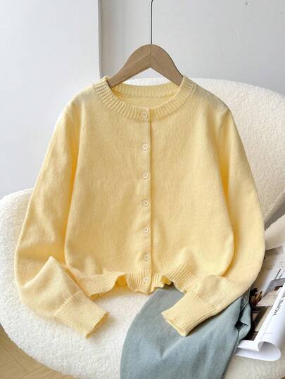 SHEIN סוודר בצבע אחיד עם צווארון עגול, חזית פתוחה, צווארון רופף ונוח לבנות, רופף ופשוט