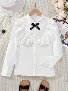 女童简约优雅甜美白色纯色蕾丝拼布衬衫 - 白色 - 查看 3