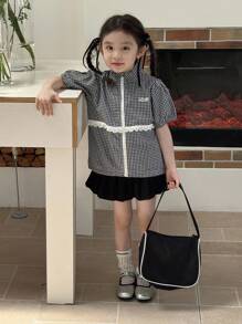 Dazy Kids 少女格子泡泡袖拉链前开襟休闲外套，返校背心 - 黑與白 - 查看 4