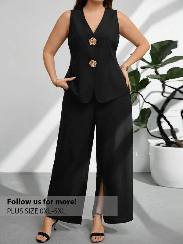 Firerie Conjunto de 2 piezas de talla grande para mujer, chaleco con decoración color oro rosa y pantalones de traje de oficina casual para primavera/verano.