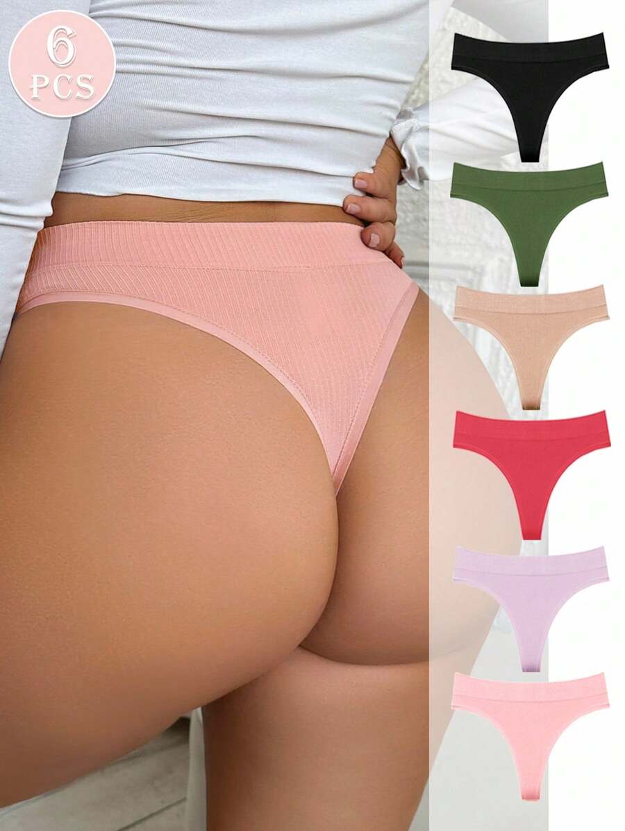 SHEIN 6pcs/Set Women's Comfortable And Breathable Solid Color Plus Size Seamless Thong