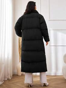 EURMUSE Women's Solid Color Stand Collar Long Warm Padded Coat, Winter Outwear, Plus Size - Black - View 2
