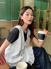 DAZY 女士纯色休闲V领宽松无袖超大号衬衫度假装 - 白色 - 查看 6