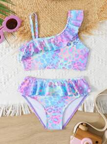 New Leopard Print Full-Width Young Girls Ruffled 2 Pieces Bikini Set - Multicolor - View 4