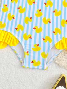 Baby Girl Cartoon Duck & Striped Ruffle One-Piece Swimsuit, For Beach Vacation - Multicolor - View 3