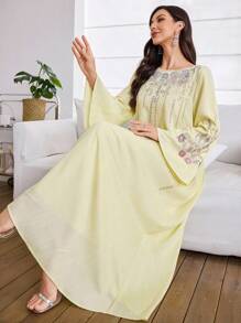 Al Najma Women's Elegant Glitter Embroidered Long Robe Kaftan Jalabiya Dress - Yellow - View 5