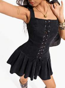 Jeanoix 女式方领无袖蝴蝶结褶饰牛仔连衣裙，时尚 - 黑色 - 查看 4