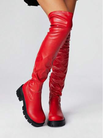 Goth Women's Fashion Over The Knee Boots Comfortable Round Toe Chunky Block Heels Thigh High Fall Boots With Adjustable Drawstring And Side Zipper