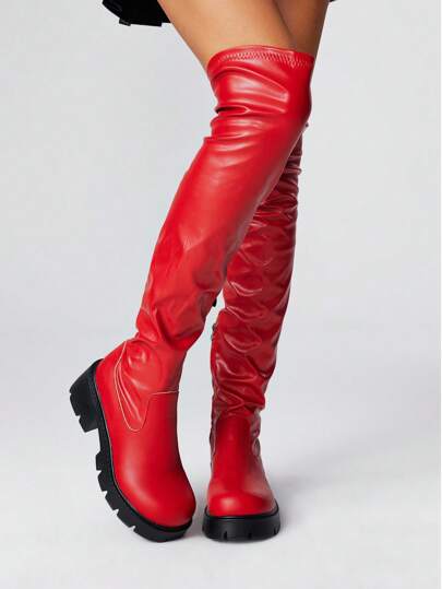 Goth Stivali alti sopra il ginocchio da donna, alla moda, con punta tonda, tacco largo a blocco, stivali alti fino alla coscia per l'autunno, con laccio regolabile e cerniera laterale