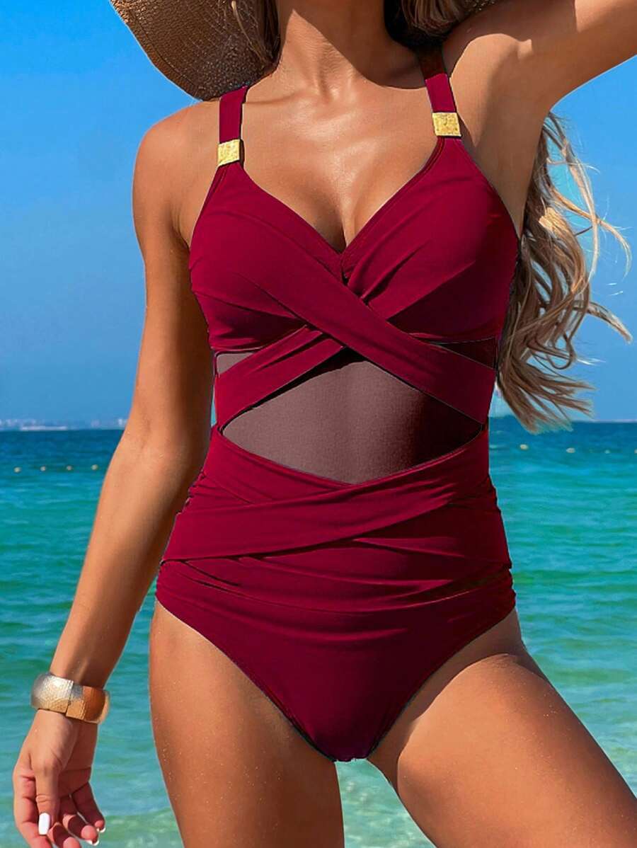 Swim Lushoire Women's Sexy Solid Color Crossover Mesh Insert One Piece Swimsuit, Casual Beach Holiday For Summer Beach Vacation