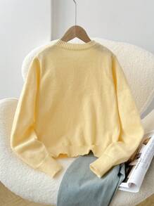 SHEIN Tween Girl Loose Casual Minimalist Comfortable Round Neck Open Front Solid Color Sweater Girl Cardigan Sweater Girls Button Down Cardigan,In Fall/Winter - Yellow - View 2