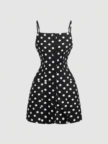 SHEIN MOD Black & White Polka Dot Strap Front Buttons Elegant Dress - Black and White - View 1