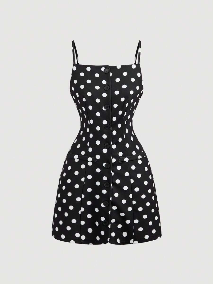 SHEIN MOD Black & White Polka Dot Strap Front Buttons Elegant Dress - Black and White - View 1