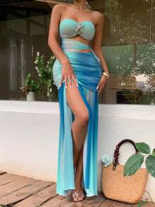 DAZY Mesh Striped Ombre Starfish Print Ruffle Hollow Out Off Shoulder Sexy Beach Maxi Dress For Holiday Prom Dress Vacation Outfits Women - Blue - View 6