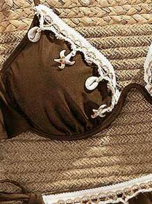 Swim Vcay Set de 2 trajes de baño de una pieza sexy para mujer con anillo de acero negro, gancho con borlas tejidas y cordones laterales - Marrón - Ver 4