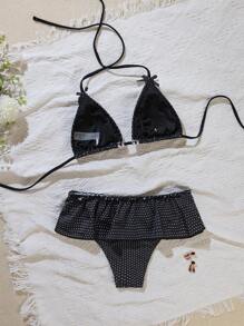 Swim Mod 2件組波點印花掛脖蝴蝶結荷葉邊下擺可愛女款比基尼泳衣套裝，適合夏季海灘度假 - 黑色 - 查看 2