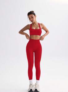 Gameset SHEIN Sport 2 件女式纯色后系带吊带背心和紧身裤运动套装，休闲运动装健身套装，适合中国新年瑜伽服瑜伽服瑜伽服健身女士套装 - 紅色 - 查看 6