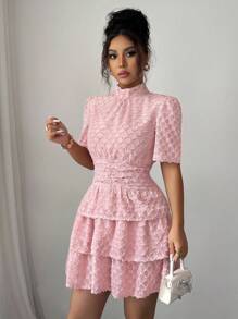 Elenzga Vestido Elegante de Cor Sólida com Bainha em Peplum e Ajuste Slim para Mulheres - Rosa chiclete - Visão 3