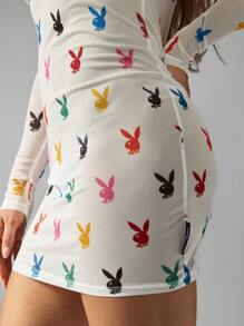 Missguided x Playboy Long Sleeve Mini Dress Iconic Bunny Print Party Evening Fashion Winter Graphic Print Y2k Style Retro Design Mesh Detail Party Club Dress - Multicolor - View 3