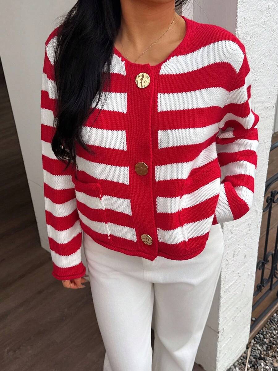 INAWLY Damen gestreifter, langer Arm, einreihiger, locker sitzender Lässig Cardigan mit Tasche - Rot-Weiß - Übersicht 1