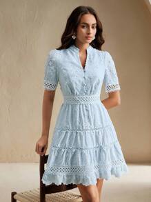 Anewsta V-Neck Fashionable Elegant Embroidery Lace Hollow Splicing Design Waisted Women Short Dress, Vacation Style - Blue - View 3