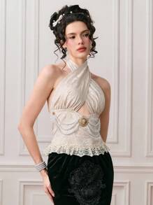 ROMWE EDITION Top de mujer con tejido jacquard vintage con decoración de perlas