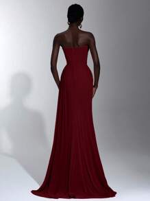 Elitara 优雅露肩褶饰腰部美人鱼下摆透明网眼荷叶边不对称高开衩礼服，适合约会、度假、单身派对、婚礼、毕业典礼、舞会、晚会 - 酒紅色 - 查看 3