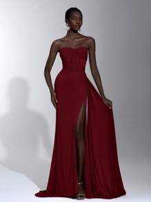 Elitara 优雅露肩褶饰腰部美人鱼下摆透明网眼荷叶边不对称高开衩礼服，适合约会、度假、单身派对、婚礼、毕业典礼、舞会、晚会 - 酒紅色 - 查看 4