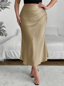 Firerie Damen Große Größen Satin Meerjungfrau Saum romantischer figurbetonter Rock, Apricot, Rückkehr zur Schule im Herbst